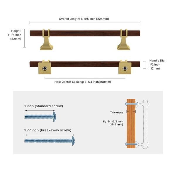 10 Pack 6-1/4" Wood Grain&Gold Pulls, Gold Kitchen Handles 2 Tone Square, Brass - Picture 3 of 7